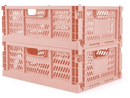 Domiella Lot de 2 caisses de rangement en plastique empilables et pliables pour bureau, maison, cuisine, chambre à coucher, salle de bain (taille L, rose)