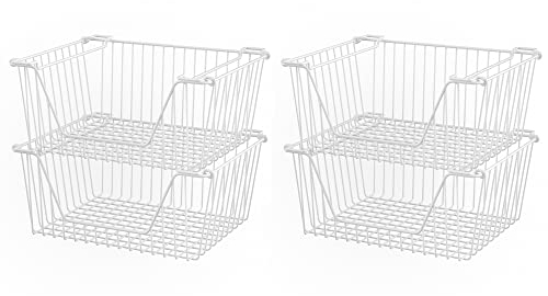 SANNO Stackable Wire Baskets for Organizing Pantry Storage and Organization Metal Bins Fruit Vegetable Organization Pantry Cabinet Metal Bin for Kitchen Counter Bathroom Shelves Storage,White,4