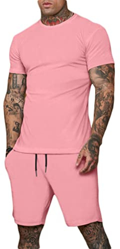 ORANDESIGNE Survêtement Homme Ensemble Jogging Sports Été 2 Pièces Vêtements Décontracté Couleur Unie Tee Shirt et Short Mode Tenue Outfit Jogger Sportswear Jogging Set Costume B Rose L