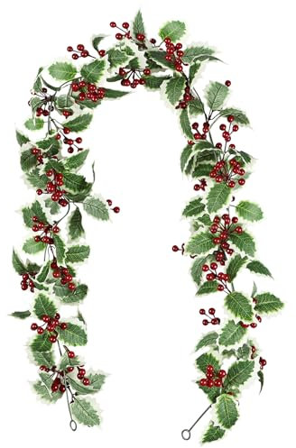Famibay Weihnachtsgirlande Rote Beeren Girlande Stechpalme Künstliche Girlande Weihnachten Beerengirlande Grüne Blätter Kunstgirlanden Wandgirlande Hängend für Neujahr Kamin Tür Treppe Tisch