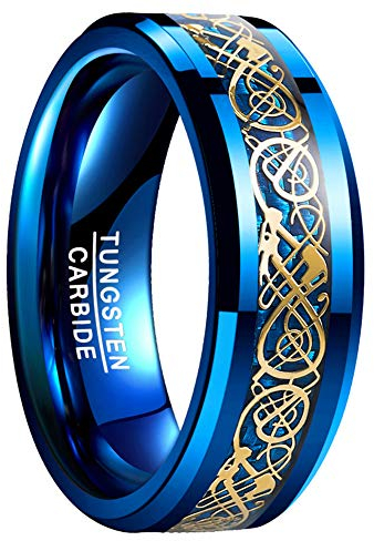 Vakki Blau Gold Wolfram Ring für Herren Damen mit Keltischer Drachen Hochzeit Verlobung Freundschaft Versprechensring Größe 50(15.9)