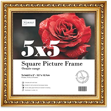 Almost Frameless 5x5 Gold Ornate Picture Frame 5x5 (12.7x12.7cm) Poster, Photo, Artwork, or Print. Elegant Style Portrait and Landscape Display with Wall Hooks