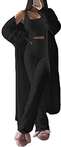 Set completo da donna in 3 pezzi, cardigan aperto sul davanti e lounge, sexy, in pile sfocato, pigiama morbido sherpa girocollo crop top pantaloni a vita alta, Nero , S