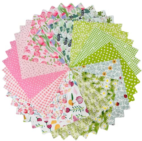 Spring Floral Squares 10x10, Layer Cake Fabric for Quilting - 10 inch Precuts (42 Pcs) - Green, Pink