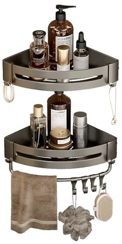 Rustproof Metal Wall Mounted 2 Tier Adhesive Shower Caddy Basket Bathroom Shelves with 6 Hooks, Aluminum, Grey