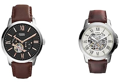 Fossil Herrenuhr Townsman, 45mm Gehäusegröße, Mechanisches Automatikwerk & Herren Analog Automatik Uhr mit Leder Armband ME3099