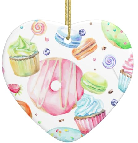 Cupcakes, Donuts, Muffins, Zuckerdruck, Weihnachtsschmuck, Weihnachtsbaumherz, Keramik, hängende Dekoration für Zuhause und Büro