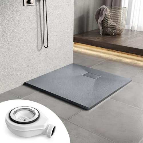Heilmetz Duschwanne mit Siphon 80x80cm Flach Duschtasse Höhe 2.6 cm SMC Brausewanne Steinoptik Antirutsch Duschtasse mit Ø 90mm Ablaufgarnitur -Grau