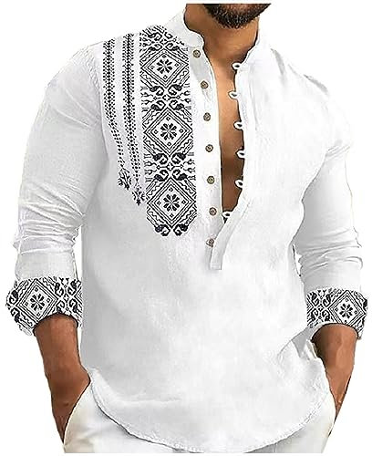 Men's Cotton Linen Shirt Half Button Up V Neck Henley Shirts Long Sleeve Vintage Floral Print T-shirt Casual Loose Fit Tops Lightweight Plain Dress Shirts Blouse UK Clearance Size S-3XL