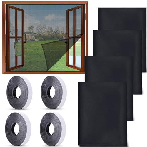 4 Pezzi Zanzariera per Finestra, 130 x 150 CM Rete Zanzariera Regolabile Zanzariere per Finestra Anti-Zanzariera con 4 Rotoli Nastri Adesivi, Nessuna Perforazione (Nero)