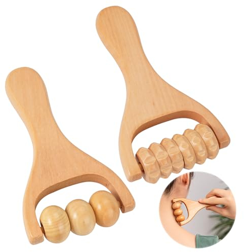 2 Stück Massageroller Holz, Massage Roller mit Griff, Massageroller Set, Holz-Massageroller, Massage Holz, Faszienrolle Holz Massagegerät zur Entspannung von Rücken, Bein, Händen, Ganzkörpermuskulatur