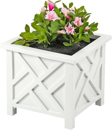 Greenfields 14.5 Inch Square Lattice Design Planter Box - White Plant Pot for Outdoor Flower, Herb or Plant Container - Classic Decorative Planter for Front Porch, Patio, Balconies, and Garden Decor