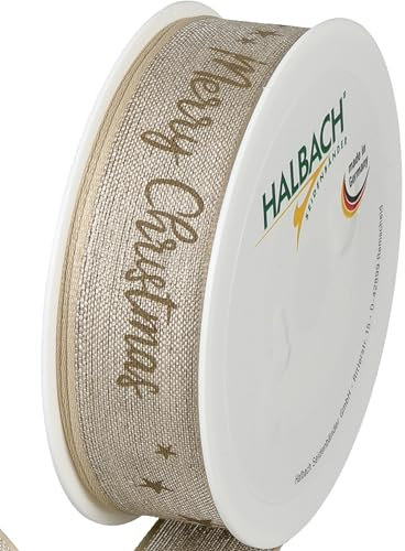 Halbach Seidenbänder Premium Geschenkband Weihnachten aus Leinen | Breite 25mm Länge 15m | Weihnachtsbänder mit Draht für Geschenke & Christbaum | Made in Germany, Farbe: natur/leinen