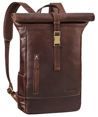 STILORD 'Harriet' Vintage Rolltop Rucksack Leder mit Laptop-Fach 15,6-17 Zoll Fahrradrucksack Kurierrucksack für Damen und Herren aus weichem Leder, Farbe:zamora - braun
