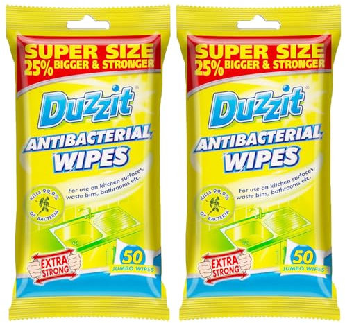 Duz_zit Anti Bacterial Wipes 50 Jumbo Sheets Pack of 2 Multipurpose Sterilising Wet Cloth Surface Cleaner Waste Bins Bathroom Kitchen with Welari Thank You Card | (2pack) (100wipes)