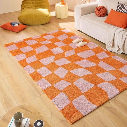 Nazar Teppich Groovy, bunt, Vintage, Retro, geometrisch, Orange, Gelb, Rosa, Rot, flauschig und bequem, Wohnzimmerteppich (383 orange, 120x160 cm)