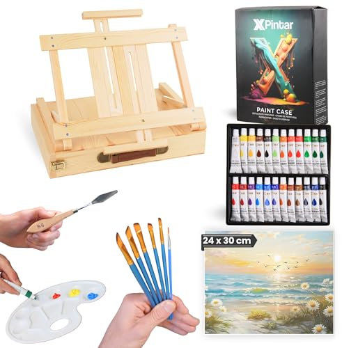 XPINTAR - Kit Pintura Acrílica 34 Piezas - Caballete Maletín Madera 24 Tubos Acrílicos Colores Vibrantes 12ml Lienzo para Pintar 6 Pinceles Espátula y Paleta - Pinturas para Manualidades Niños