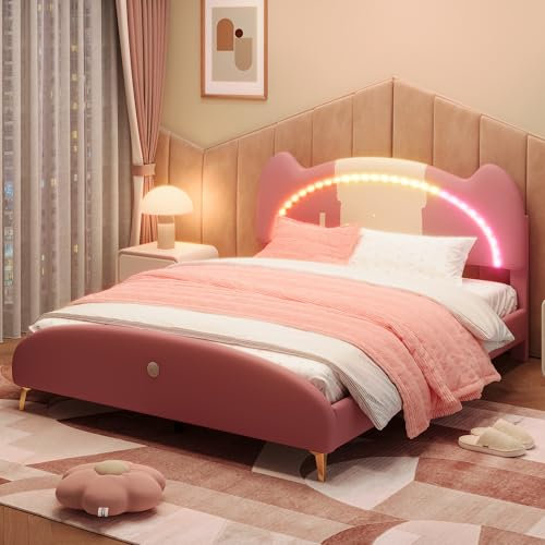 Ctastay Kinderbett Polsterbett 140x200 cm mit LED- Beleuchtung, Bett Doppelbett mit Kopfteil, Familienbett Jugendbett mit Lattenrost, PU, Beige + Rosa (Ohne Matratze)