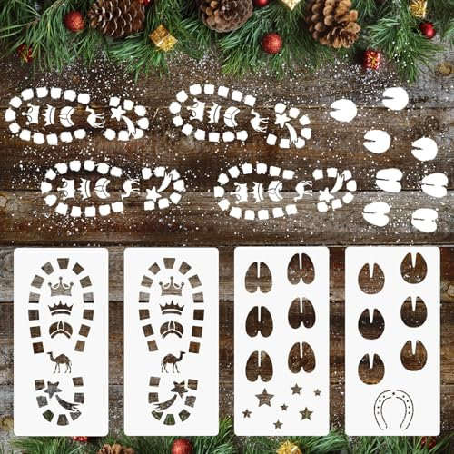 BOFUNX 4pcs Impronte Stencil per Pittura di Natale - Disegno di Babbo Natale e Cammello in Plastica Riutilizzabile - Decorazione Natalizia