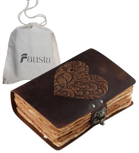 Fausta Heart Embossed Leather Journal with Antique Lock – 8x6 Writing Notebook, 240 Pages Vintage Deckle Edge Cotton Paper (150 GSM) | Brown Travel Sketchbook for Drawing | Diary for Men & Women
