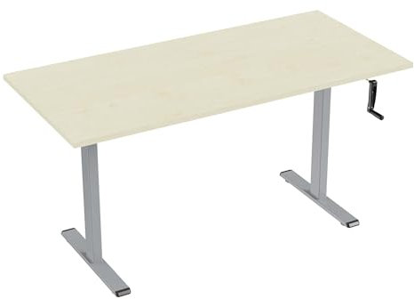 Eigentlich Höhenverstellbarer Schreibtisch manuell mit Kurbel, Steh-Sitztisch Gestell Silber, Bürotisch verstellbar von 72,5 bis 120,5 cm, Produktionstisch (Ahorn, 160 x 80 cm)