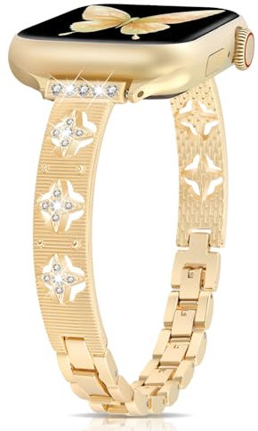 V.R.HOPE Damen schlanke Metallarmband kompatibel mit Apple Watch armband 38mm/40mm/41mm/42mm, Glitzernden Kristallpartikeln passend, für Apple Watch Series 10/9/8/7/SE/6/5/4/3/2/1 - Gold