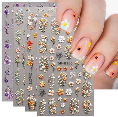 JMEOWIO 3D Fiori Primavera Estate Floreale Adesivi Unghie Nail Art, Stickers Unghie Autoadesivi 5D Decorazioni Unghie Nail Art Disegni 4 Fogli