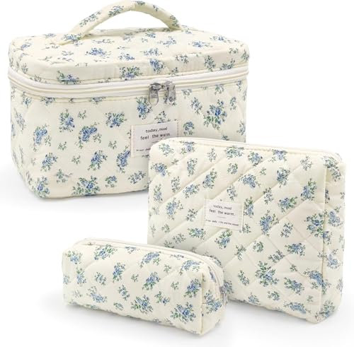 GSenhui 3pcs Kosmetiktasche Damen Gesteppte Kulturtasche Set Make Up Tasche mit Blumenmuster, Kulturbeutel Wasserdicht Tragbare Schminktasche Cute Cosmetic Bag für Mädchen