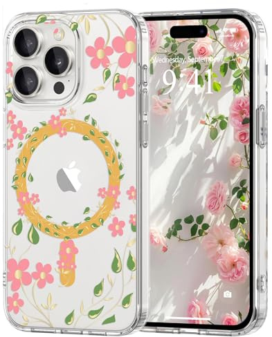 Pepmune Magnetisch Handyhülle für iPhone 15 Pro Hülle Kompatibel mit Magsafe Transparent Blumen Muster Case Hard PC Silikon Bumper Stoßfest Schutzhülle für Mädchen Frauen für iPhone 15 Pro Hellrosa