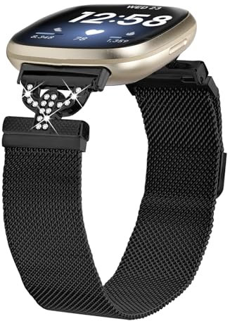 Gimuk Metallarmbänder kompatibel mit Fitbit Versa 4/Versa 3/Sense 2/Sense Armband für Damen und Herren, magnetisches Mesh-Bling-Edelstahl-Armband, Ersatzband für Versa 4, Metall (Schwarz)