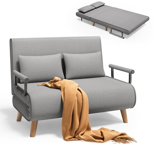 Xbro Schlafsessel mit Bettfunktion, Schlafsofa 2-Sitzer mit 6-Stufig Verstellbarer Rückenlehne und 2 Kissen, Sessel mit schlaffunktio für kleine Wohnung (Hellgrau)