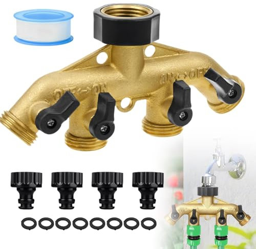 Distributeur d'eau 4 Voies en Laiton, Filetage 3/4'', Répartiteur De Tuyau D'arrosage, Adaptateur pour Robinet Extérieur Et Connexion D'ordinateur D'irrigation, Idéal pour Tuyau D'arrosage