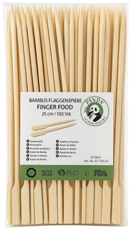 Commerline 2000 Stück Spieße Fingerfood, 25 cm Holzspieße aus Bambus, Cocktailspieße für Mini Burger und Sandwich, Bambusspiesse für Snack und Marshmallow, Schaschlikspiesse Holz