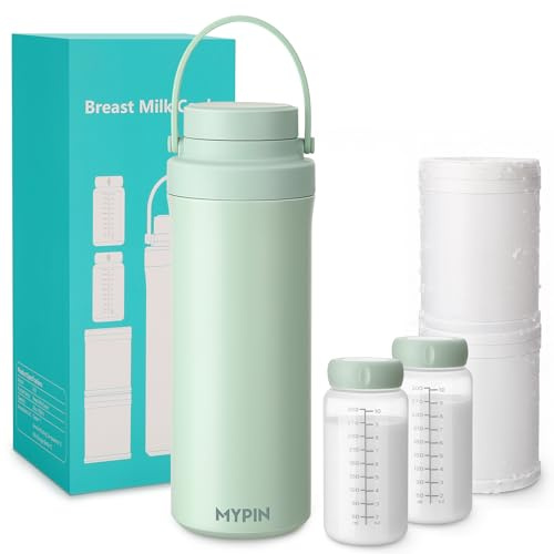 MYPIN 20oz Portable Breast Milk Cooler for Outdoor, 2pcs Baby Bottles Reusable Storage Container with 360° Cooling Tubes for 24 Hours, Larger Capacity Stainless Steel Travel Breastmilk Chiller, Green