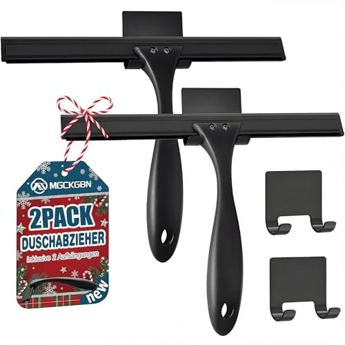 2 Stück Duschabzieher Edelstahl 25 cm - Abzieher Dusche mit 2 Halterung, Fensterabzieher für Badezimmer, Spiegel und Fliesen, Streifenfreie Reinigung für Glasflächen, Schwarz