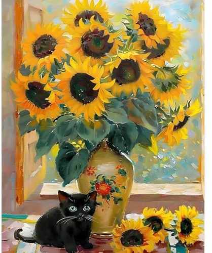 Kit de peinture par numéros pour adultes, fleurs et tournesols pour adultes, kit de peinture à l'huile par numéros sur toile sans cadre, motif chat noir pour cadeau, décoration murale, 40,6 x 50,8 cm
