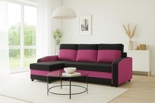 Agritrade AK Orion Sofa Bed – Modern Convertible Couch with Optional Corner Section & Storage – Multiple Colours (BLACK + PINK, Corner - L Shape Sofa)