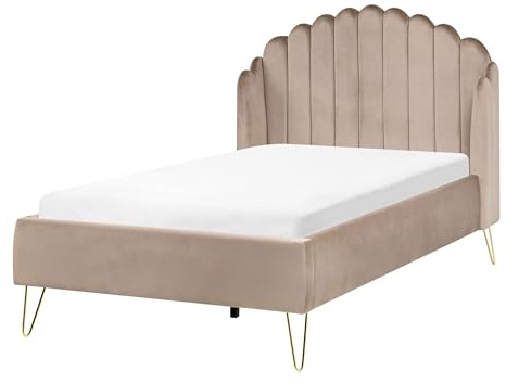 Beliani Velvet Bed Frame Shell Headboard EU Small Double Size 4ft Metal Legs Taupe Ambillou