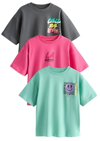 NEXT Jungen Regular Fit Kurzarm-T-Shirts mit Grafik, 3er-Pack Teal/Grey/Pink 164
