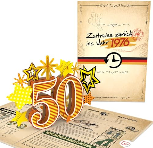 papercrush Pop-Up Karte „Zurück ins Jahr 1976“, Lustige 3D Geburtstagskarte | Witzige Glückwunschkarte zum 50. Geburtstag Frau & Mann, Besondere Geschenkkarte mit lustigen Fakten zum Geburtsjahrgang