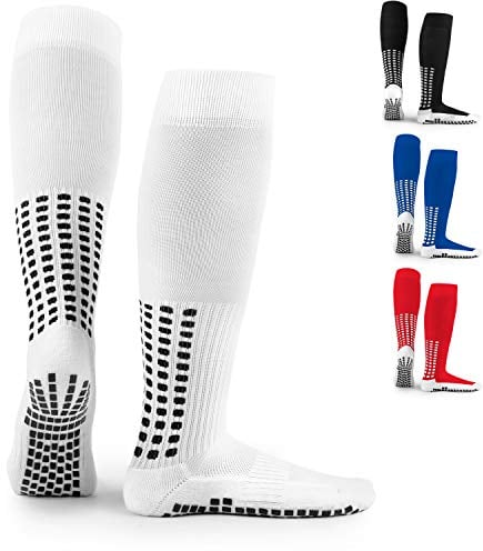 LUX SPORTS Men’s Anti Slip Knee White Football Socks - One Size UK 5.5-11 Knee-High - Non-Slip Dual Grip Sports Socks for Football, Hockey & Basketball