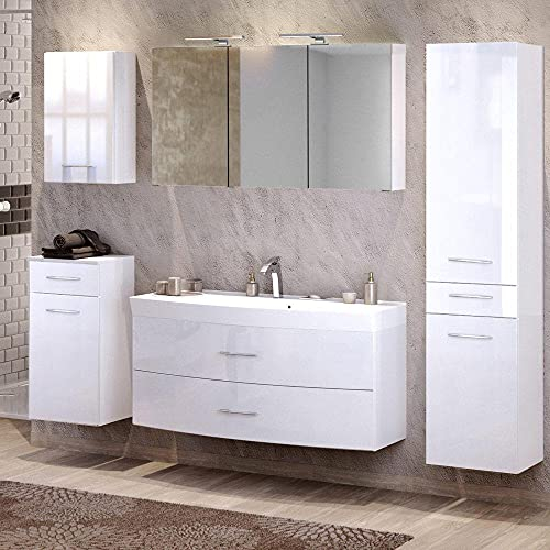 Lomadox Komplett Badmöbel Set in Hochglanz weiß 120cm Waschtisch & Unterschrank Waschbecken 3D Spiegelschrank & LED-Leuchten Steckdose Hochschrank Unterschrank Hängeschrank