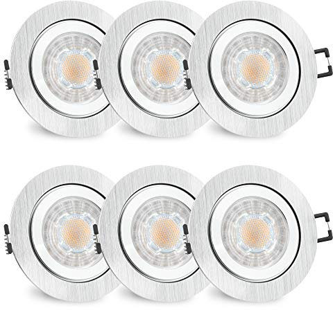 SSC-LUXon 6er Set RW-2 Bad Einbaustrahler GU10 LED dimmbar - mit tauschbarem LED GU10 7W warmweiß - Spot rund gebürstet IP44 Bad & Außen