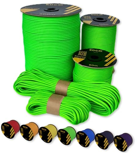 EdcX Paracord 4mm, 35+ Solid Colors (10m, 15m, 30m, 50m, 100m, 300m) | Ideal for Crafting, DIY, Camping, Survival, Outdoor | 100% Nylon Rope 4mm | Tactical Cord 550 Type III (Neon Green, 30 m)