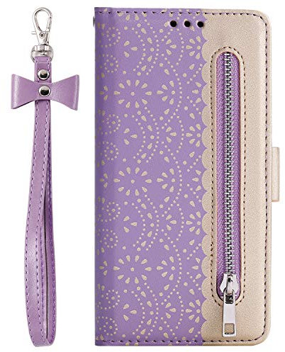 ZCDAYE Zipper Wallet Case for iPhone 6 Plus,Fabulous Glossy Pattern Magnetic Closure PU Leather [Bowknot Lanyard][Kickstand][Card Slots] Soft TPU Book Case Cover for iPhone 6 Plus/6S Plus-Purple