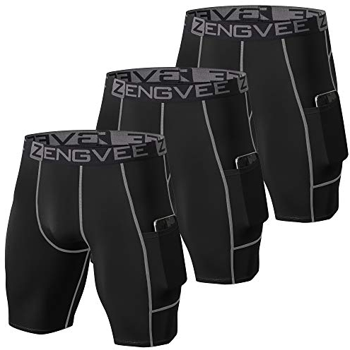 ZENGVEE 3er Pack Herren Kompressionsshorts Laufhose Herren Kurz Schnelltrocknendes Leggings Kurz mit Seitentaschen Tights Sport Unterwäsche für Männer(Black Grey-L)