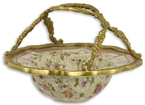Casa Padrino Jugendstil Deko Schale Mehrfarbig/Gold Ø 16,2 x H. 11,4 cm - Runde Porzellan Schale mit Blumen Design und elegantem Tragegriff - Deko Accessoires