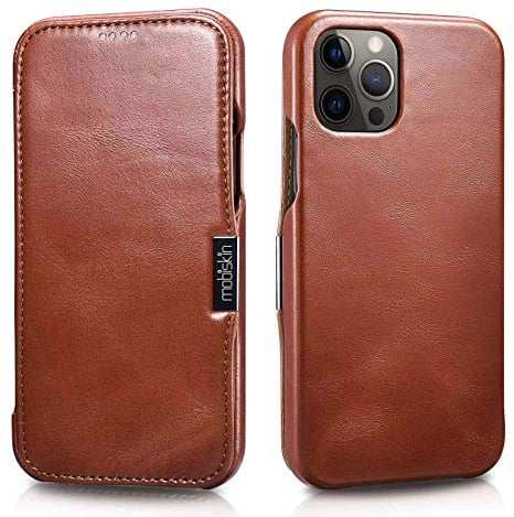 Mobiskin case compatible with Apple iPhone 12 PRO MAX (6.7 inch), cover with genuine leather, book-style protective phone case, ultra-slim folio, thin wallet, brown vintage