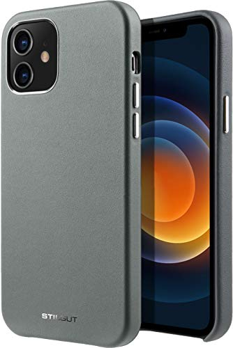 STILGUT Cover kompatibel mit iPhone 12 Mini Case aus Leder, Lederhülle, Hülle aus Leder, Ledercase - Grau/Grün