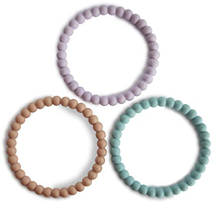 Mushie Perlen Beißringarmbänder | Zahnungshilfe für Kinder | 3er-Pack | Sichere & Hochwertige für Baby, Kleinkinder Kinder Jungs & Mädchen | BPA-Frei | Lilac/Cyan/Soft Peach